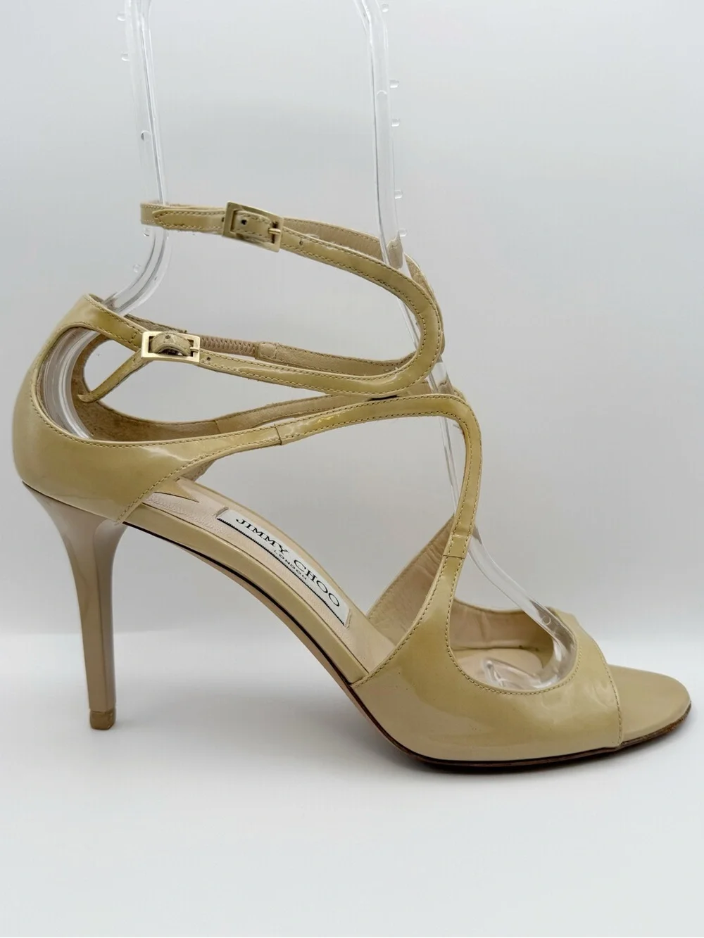 Jimmy Choo Ivette Patent Leather Strappy Sandal Heel Nude Beige Stiletto Shoe 40